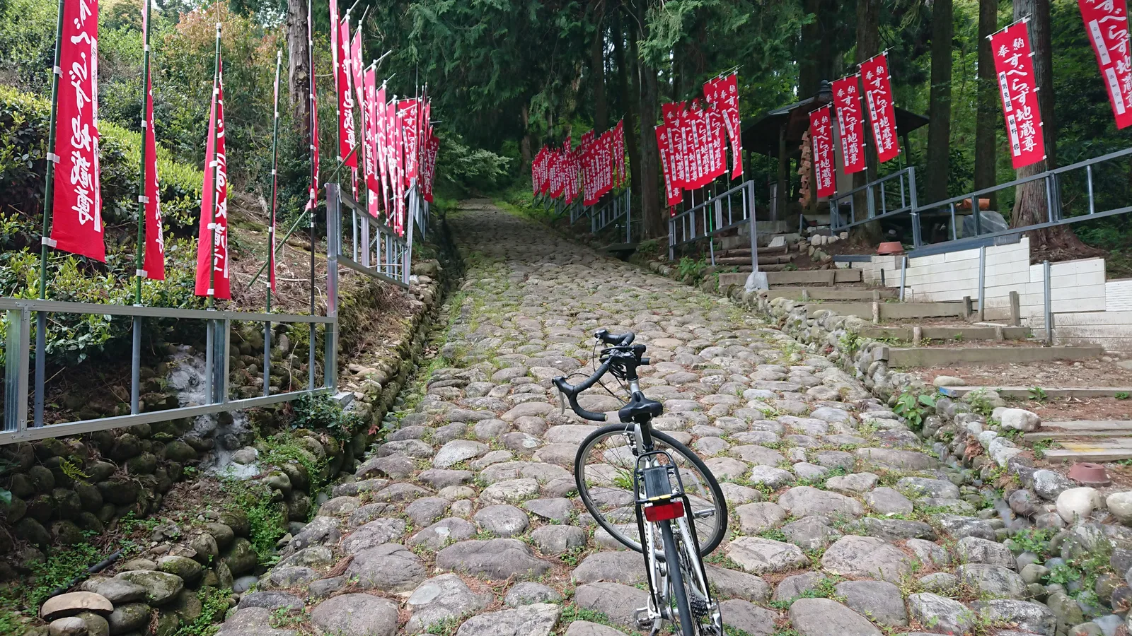 赤旗が並ぶ石畳